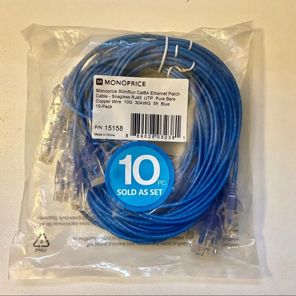 10pcs 5’ Monoprice SlimRun Cat6A Ethernet Patch Cable Set